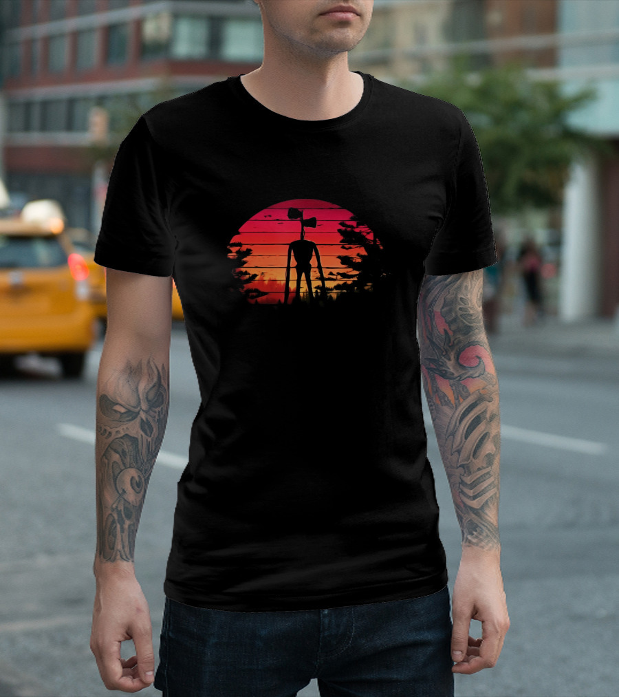 Vintage Retro Sunset Silhouette Of Scary Siren Head Creepypasta Horror T-Shirt