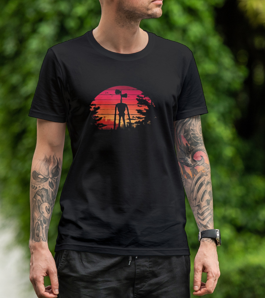 Vintage Retro Sunset Silhouette Of Scary Siren Head Creepypasta Horror T-Shirt