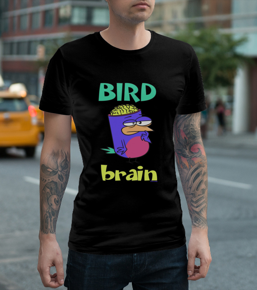 BIRDBRAIN Bird Lovers Graphic with Cartoon Bird and Brain Elements T-Shirt