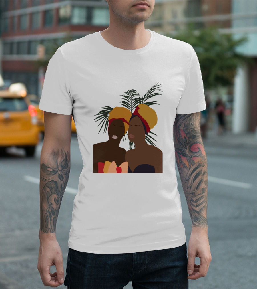 Black Beauty Women with Yellow Headwraps and Green Leaves T-Shirt