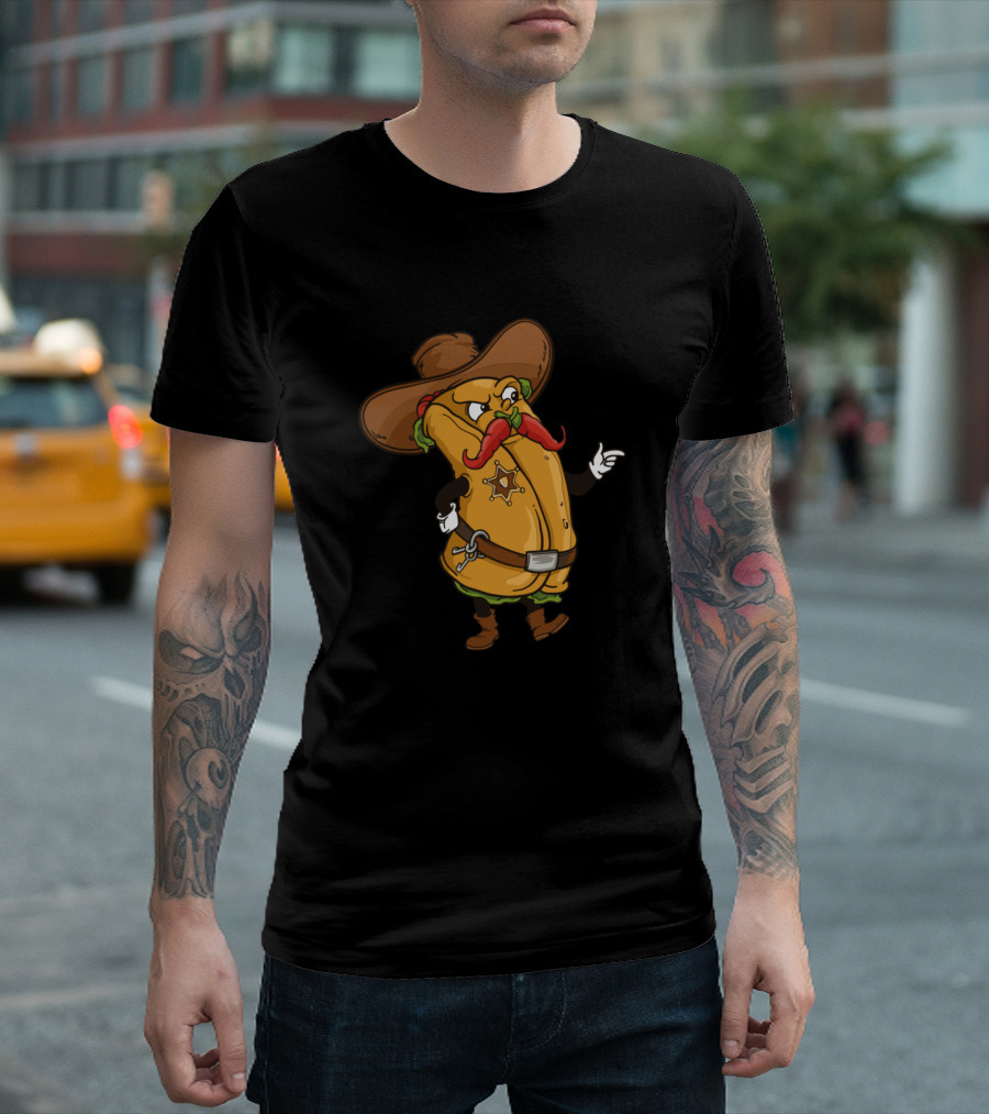 Burrito Cowboy Sheriff Chili Mustache Cinco de Mayo Cartoon T-Shirt