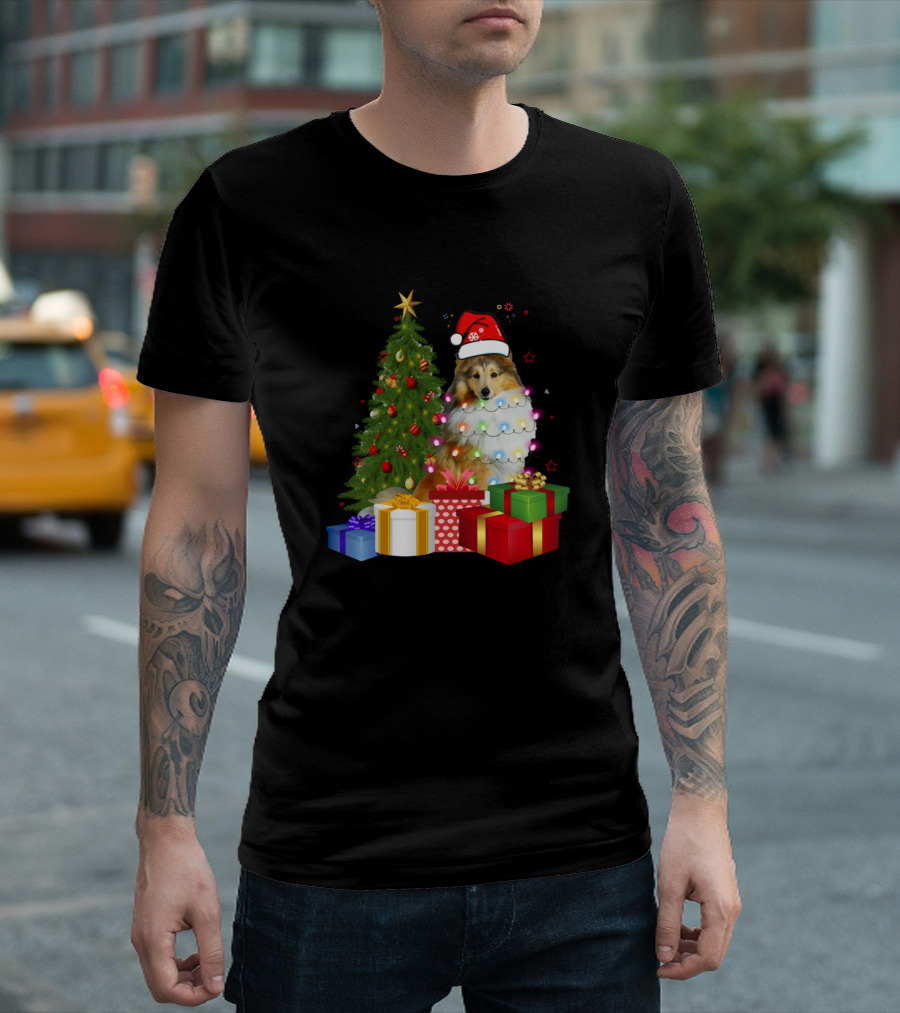 Collie Christmas Tree Santa Hat Funny Xmas Dog with Presents T-Shirt