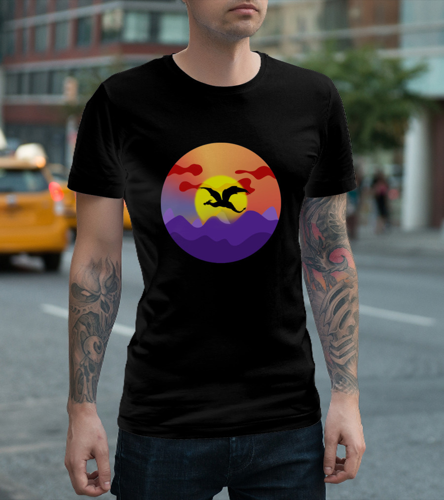 Dragon Silhouette Soaring Over Vibrant Sunset Mountains T-Shirt