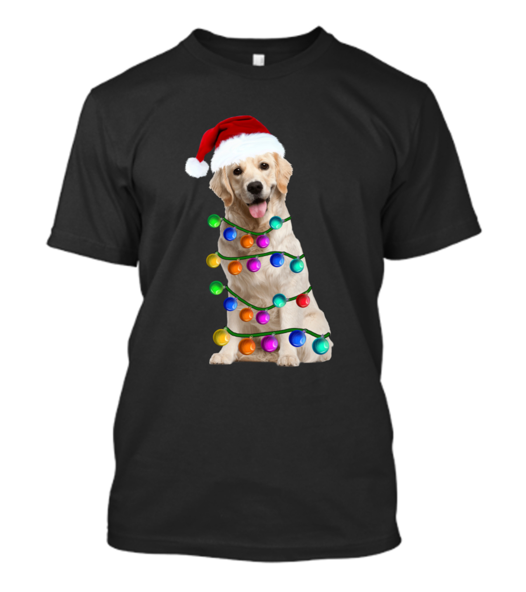 Golden Retriever Wrapped In Christmas Lights With Santa Hat Dog Lovers T-Shirt