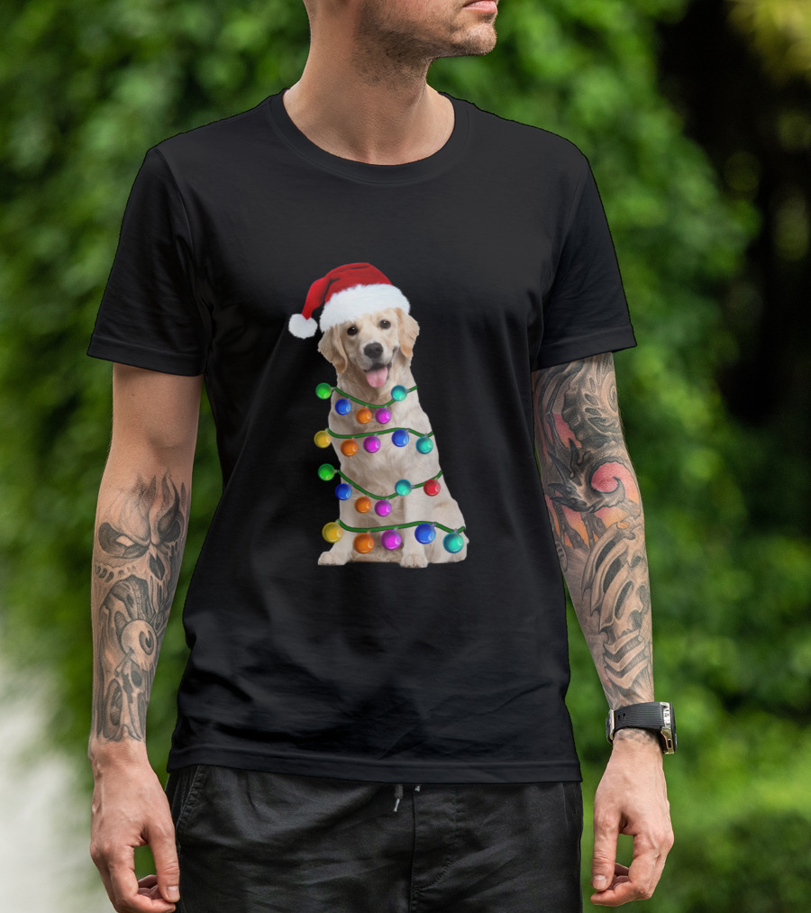 Golden Retriever Wrapped In Christmas Lights With Santa Hat Dog Lovers T-Shirt
