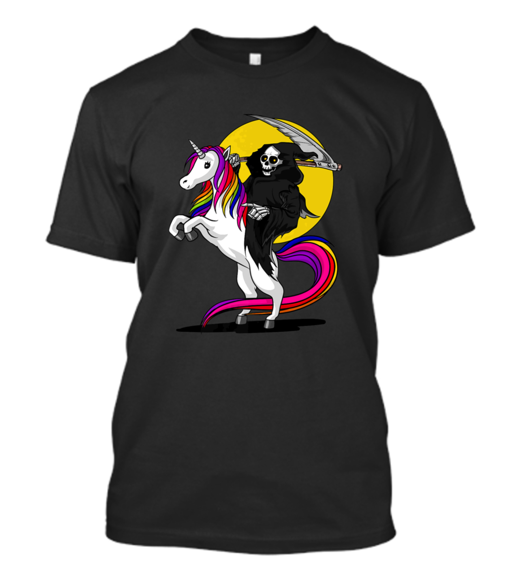Grim Reaper Skeleton Death On Rainbow Unicorn With Scythe T-Shirt