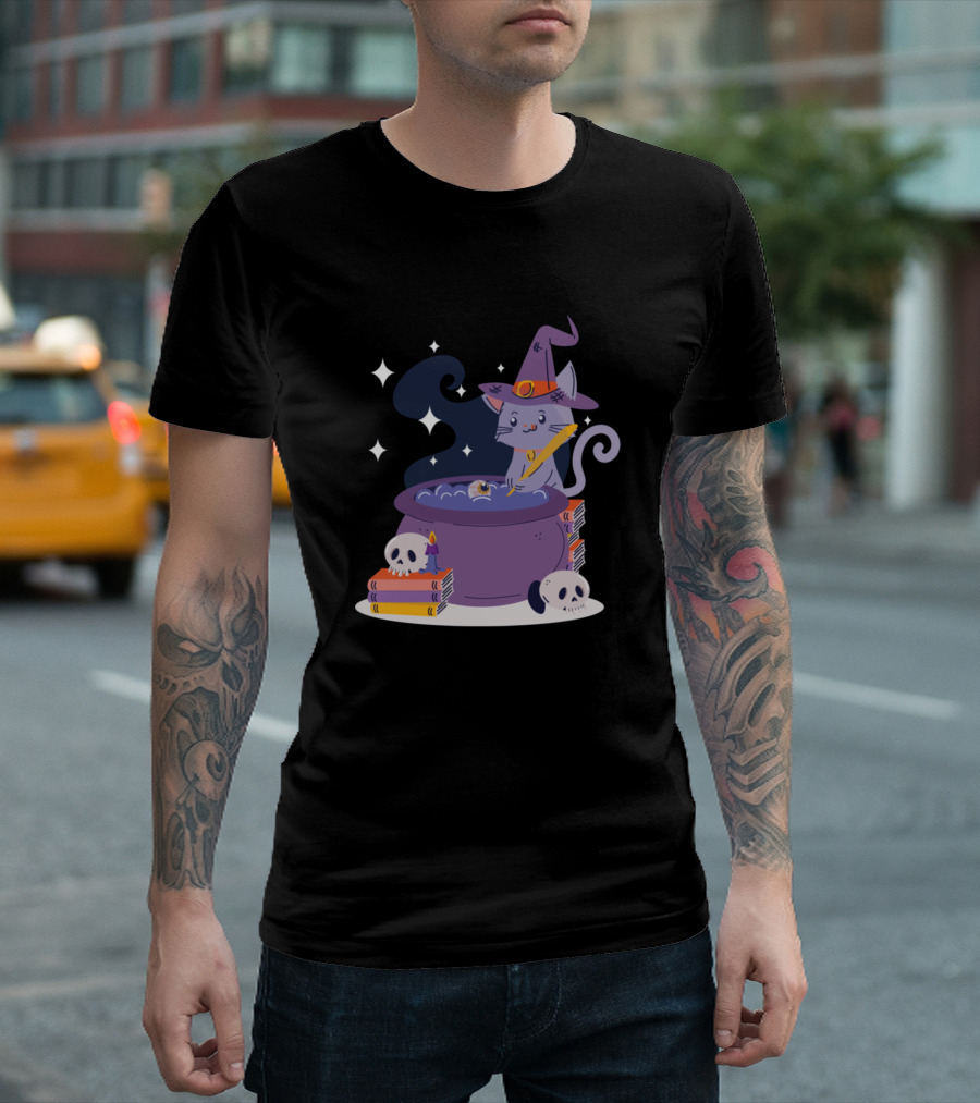Halloween Kitty Witch Stirring Cauldron with Skulls and Books T-Shirt