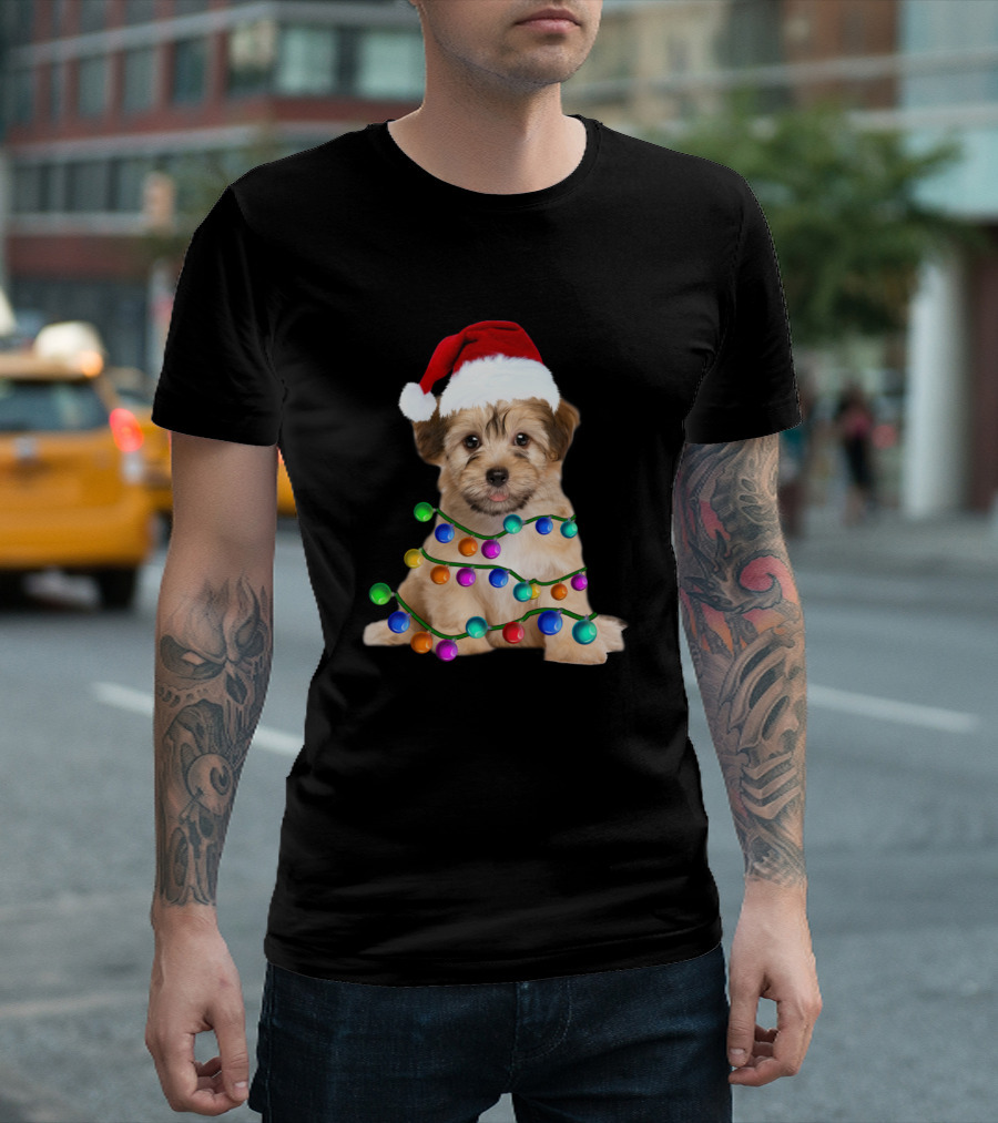 Havanese Wrapped in Christmas Lights Wearing Santa Hat T-Shirt