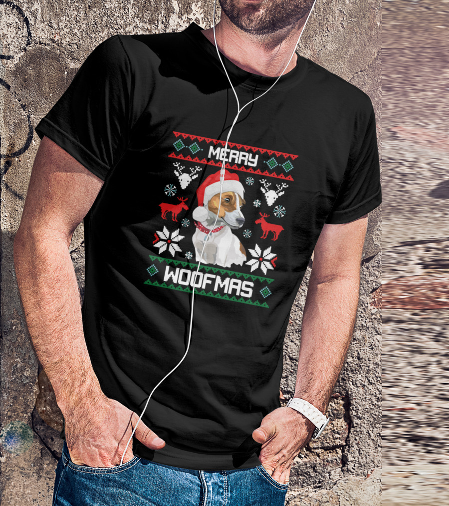 Merry Woofmas Jack Russell Terrier Dog Santa Hat Christmas Reindeer Snowflakes T-Shirt