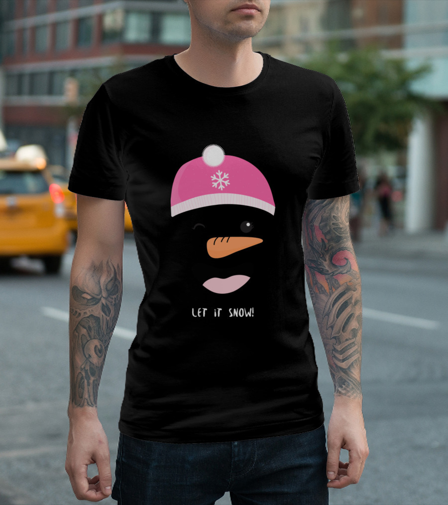 Let It Snow Pink Hat Snowman Face T-Shirt