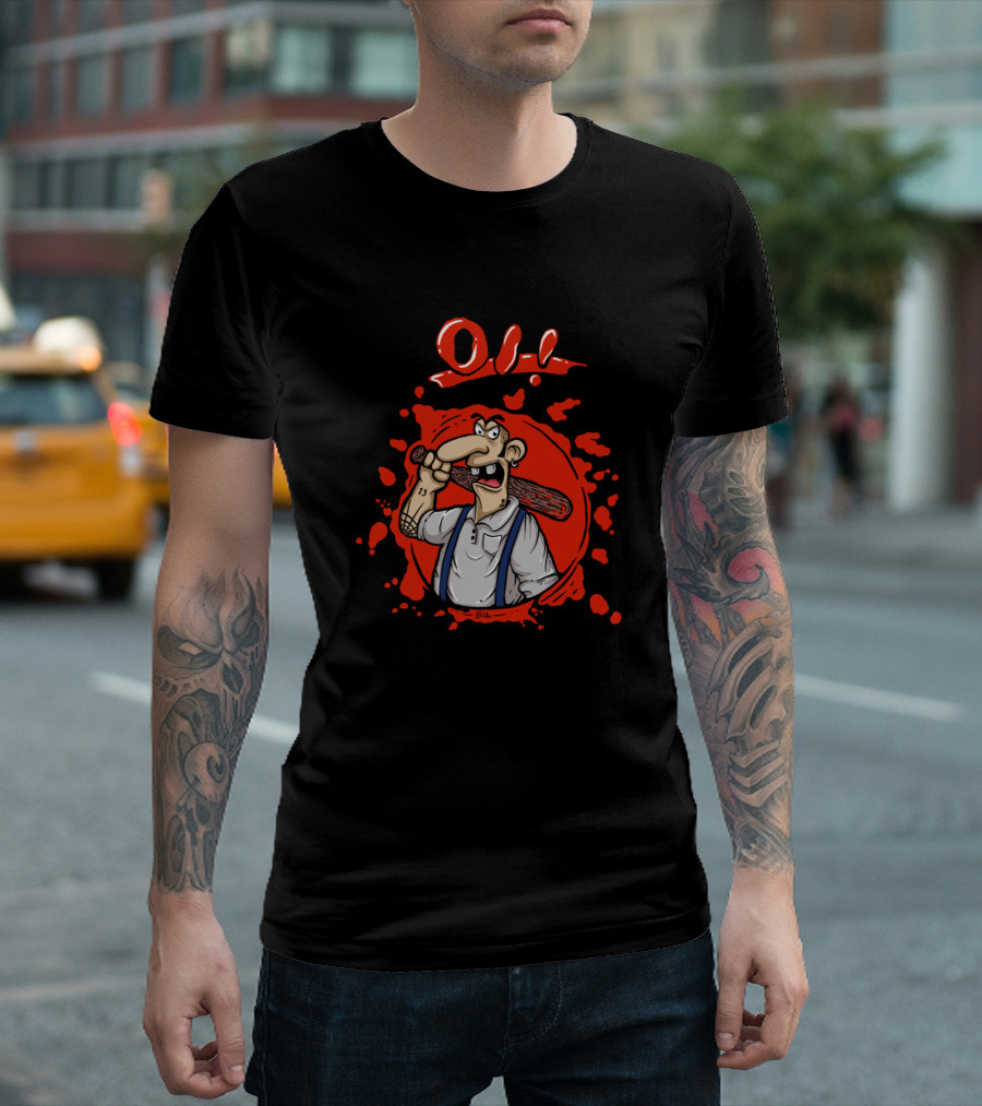Oi Skinhed Cartoon Character with Club and Red Splatter Background T-Shirt