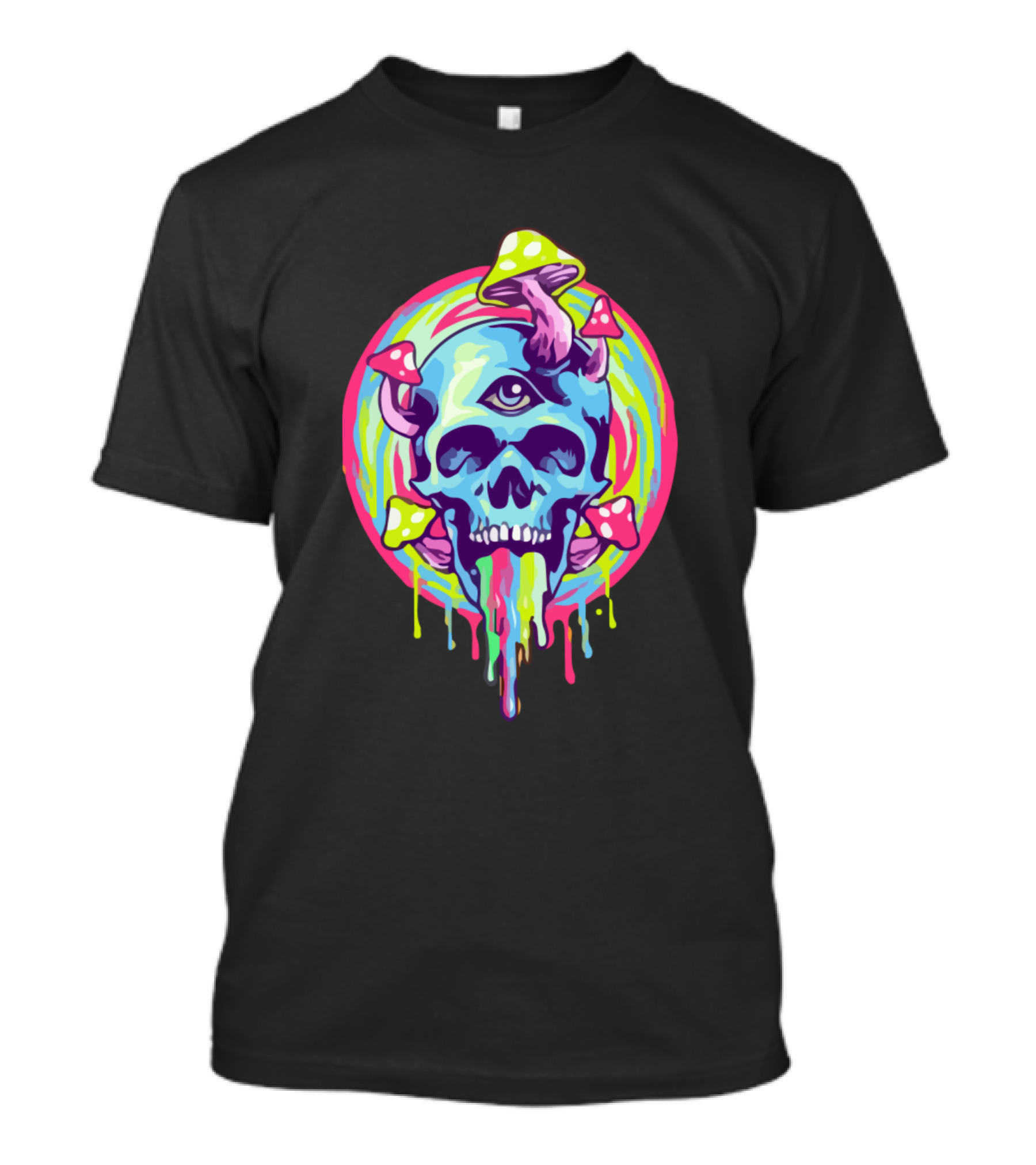 Skull Magic Mushroom Psychedelic Third Eye Trippy Colorful Dripping T-Shirt
