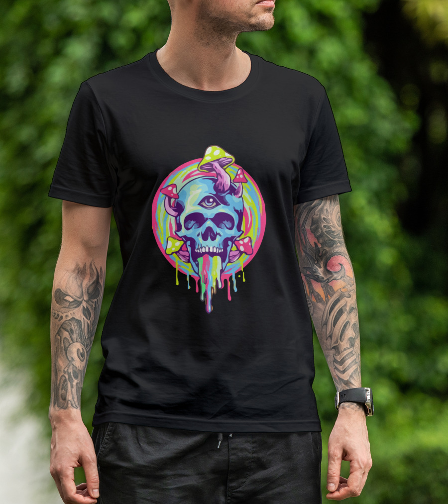 Skull Magic Mushroom Psychedelic Third Eye Trippy Colorful Dripping T-Shirt