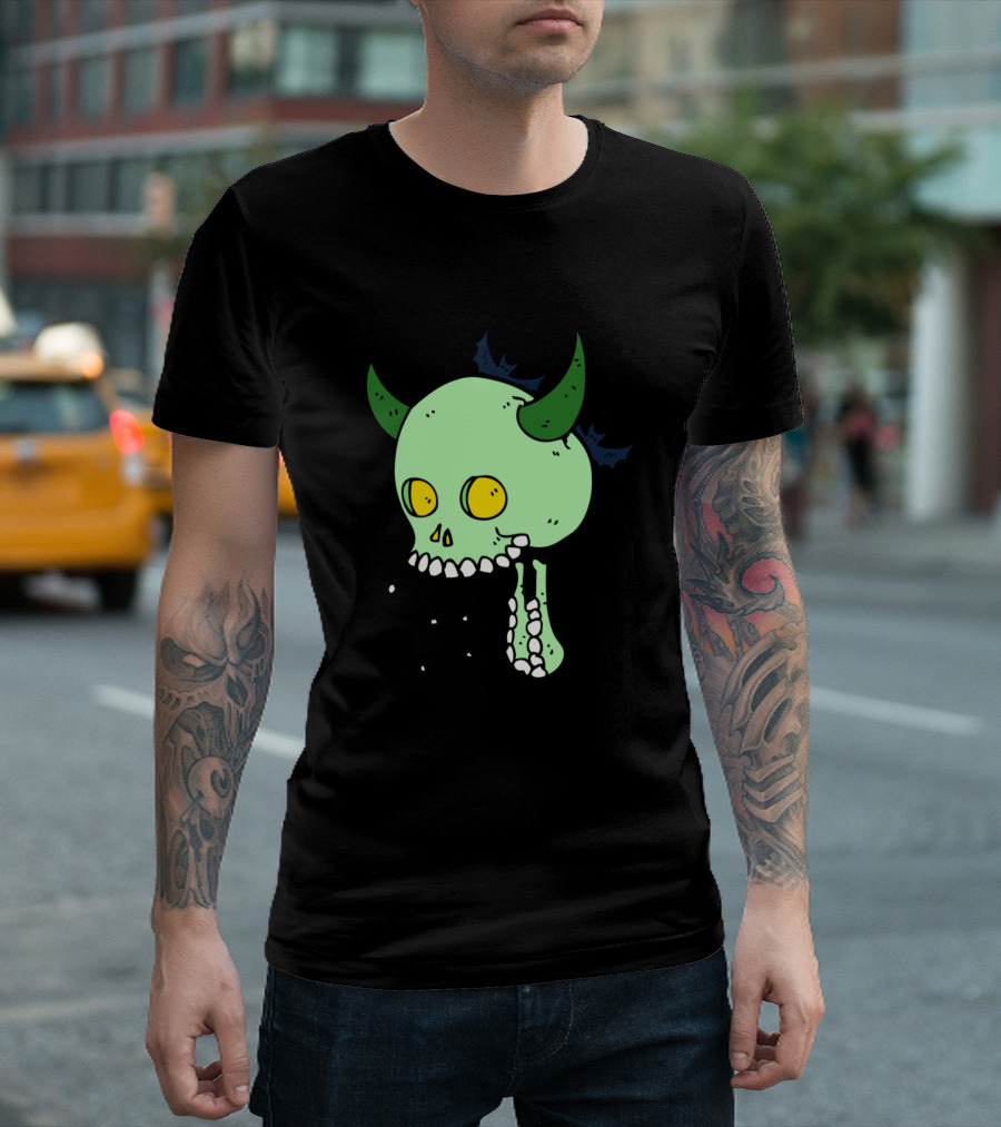 Skuull Scary Halloween Sheep With Horns And Flying Bats T-Shirt