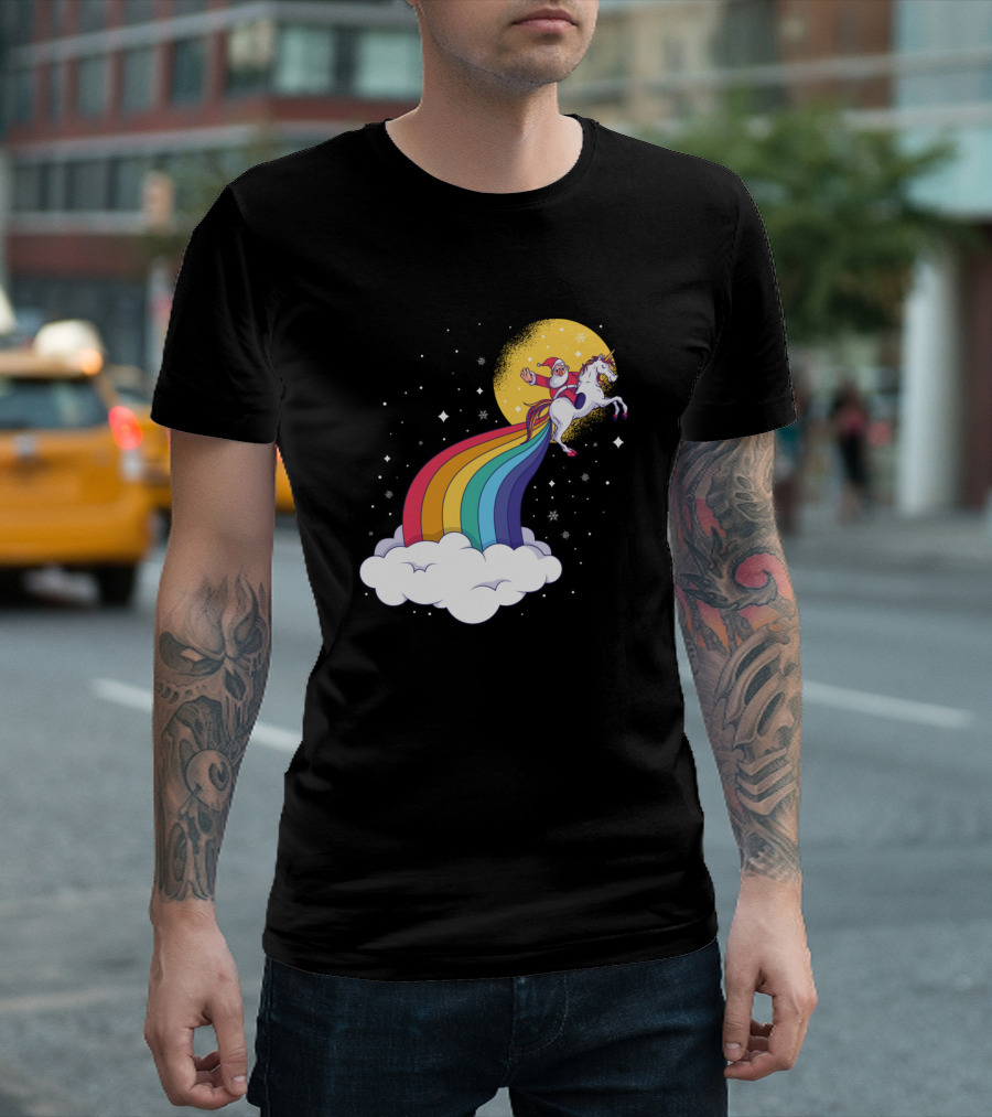 Santa Riding Unicorn Rainbow Fantasy T-Shirt