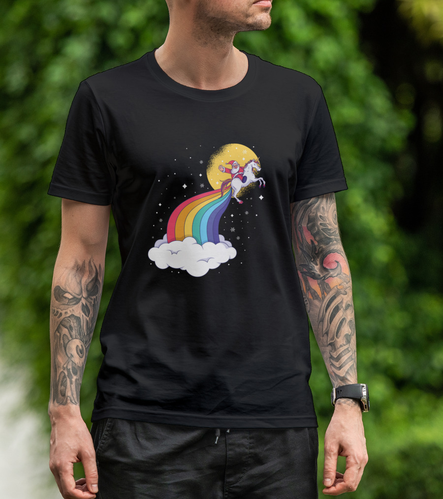 Santa Riding Unicorn Rainbow Fantasy T-Shirt