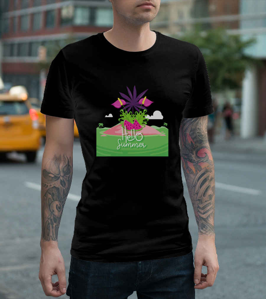 Hello Summer Watermelon and Flowers on Tropical Island T-Shirt