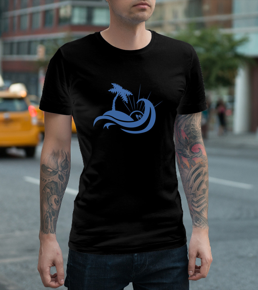 Wave And Surfer With Palm Tree And Sunburst T-Shirt