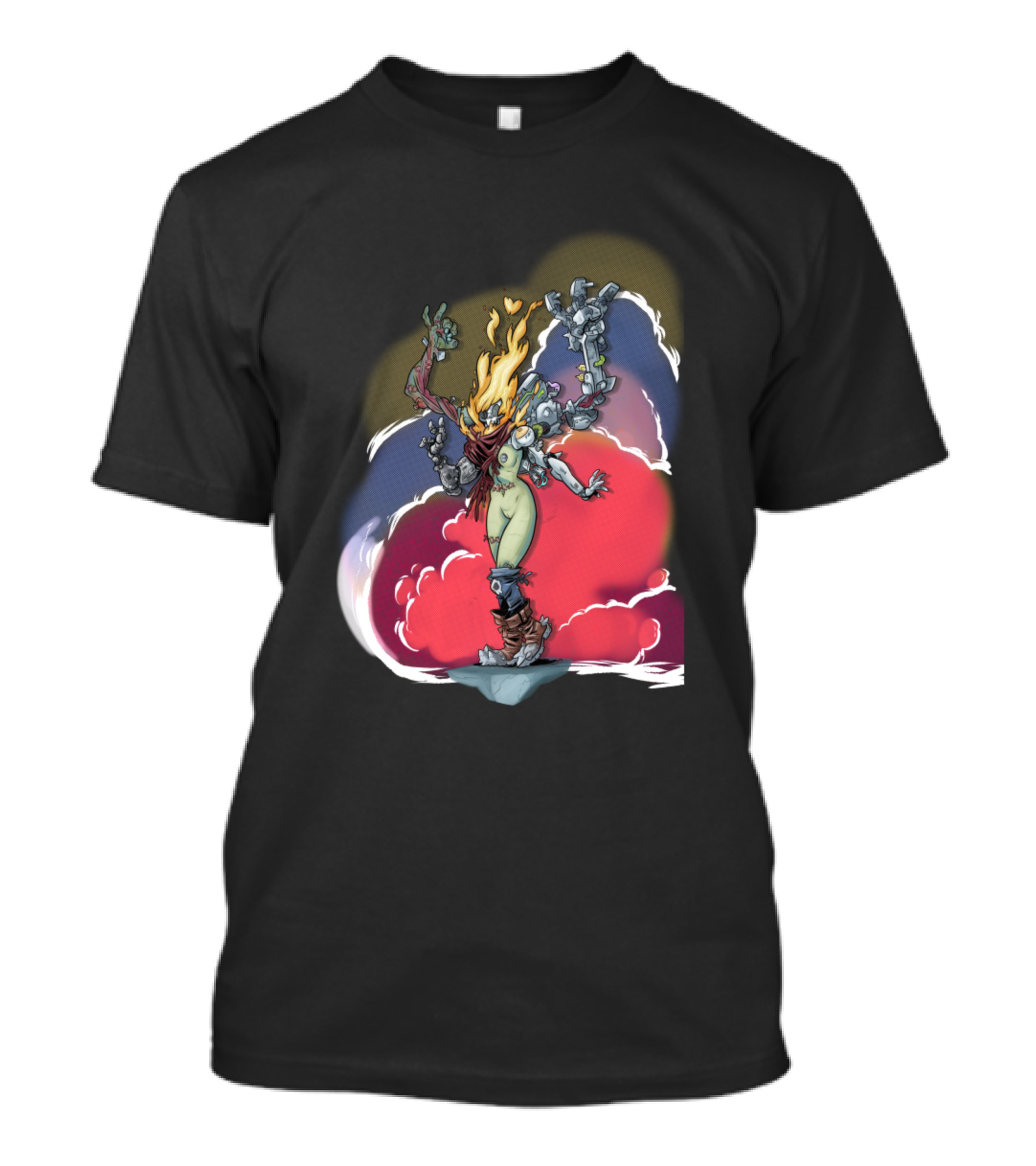 Zombie Mech Girl Fiery Hair Robotic Limbs Standing On Pedestal Cloudy Background T-Shirt