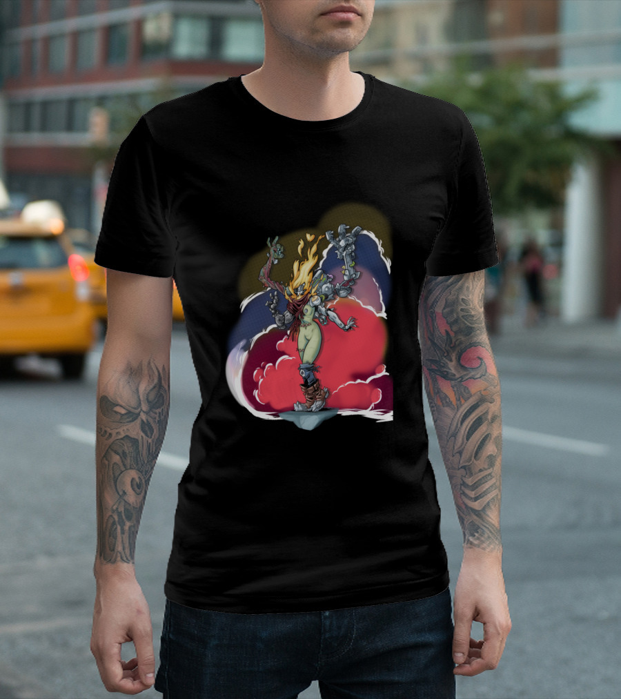 Zombie Mech Girl Fiery Hair Robotic Limbs Standing On Pedestal Cloudy Background T-Shirt