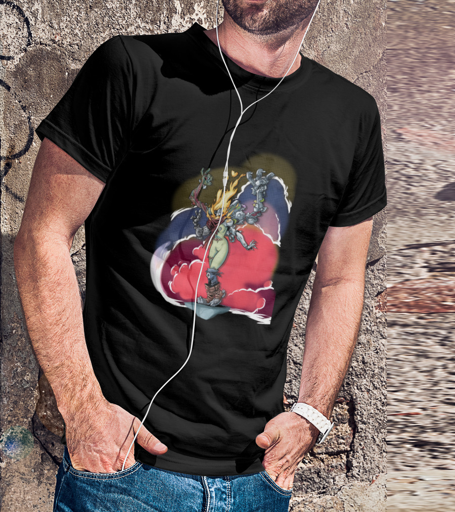 Zombie Mech Girl Fiery Hair Robotic Limbs Standing On Pedestal Cloudy Background T-Shirt