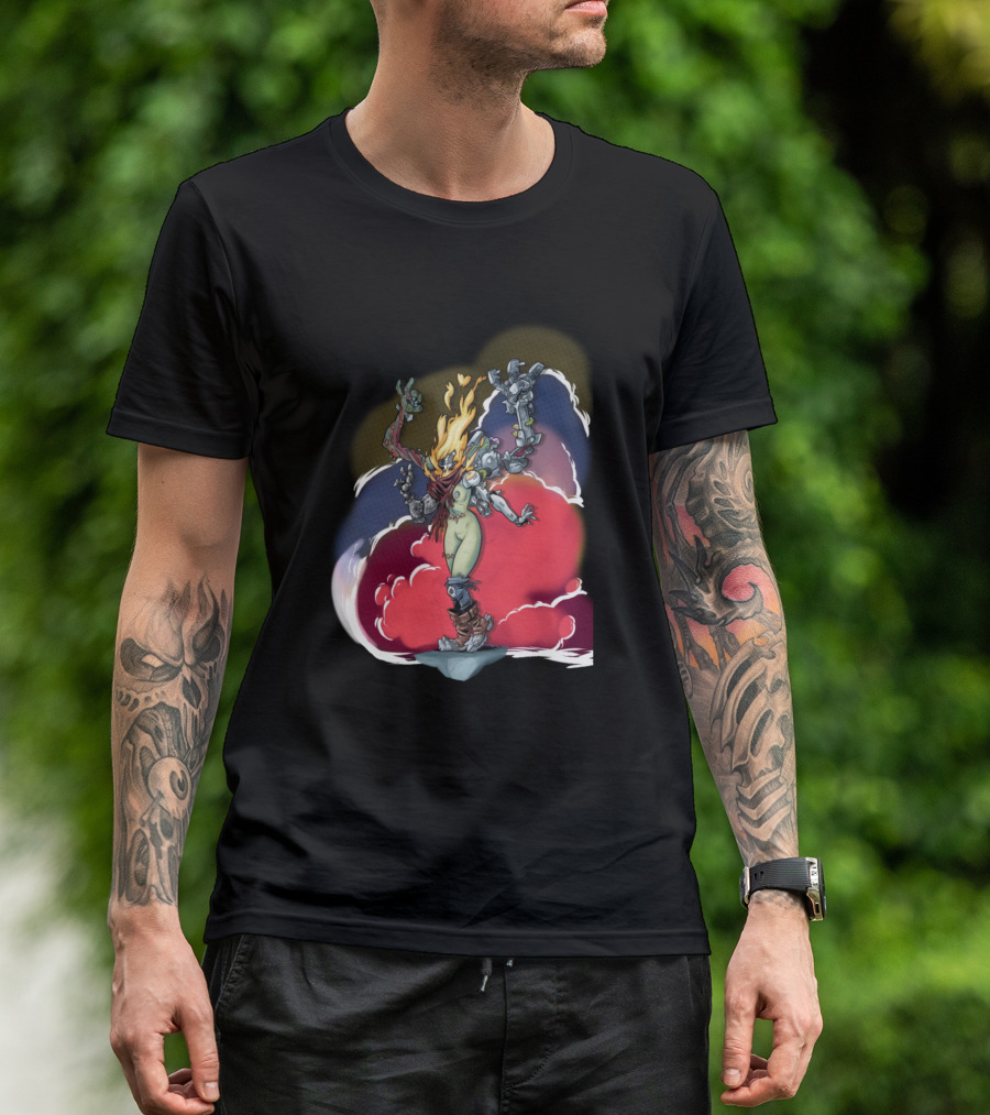 Zombie Mech Girl Fiery Hair Robotic Limbs Standing On Pedestal Cloudy Background T-Shirt