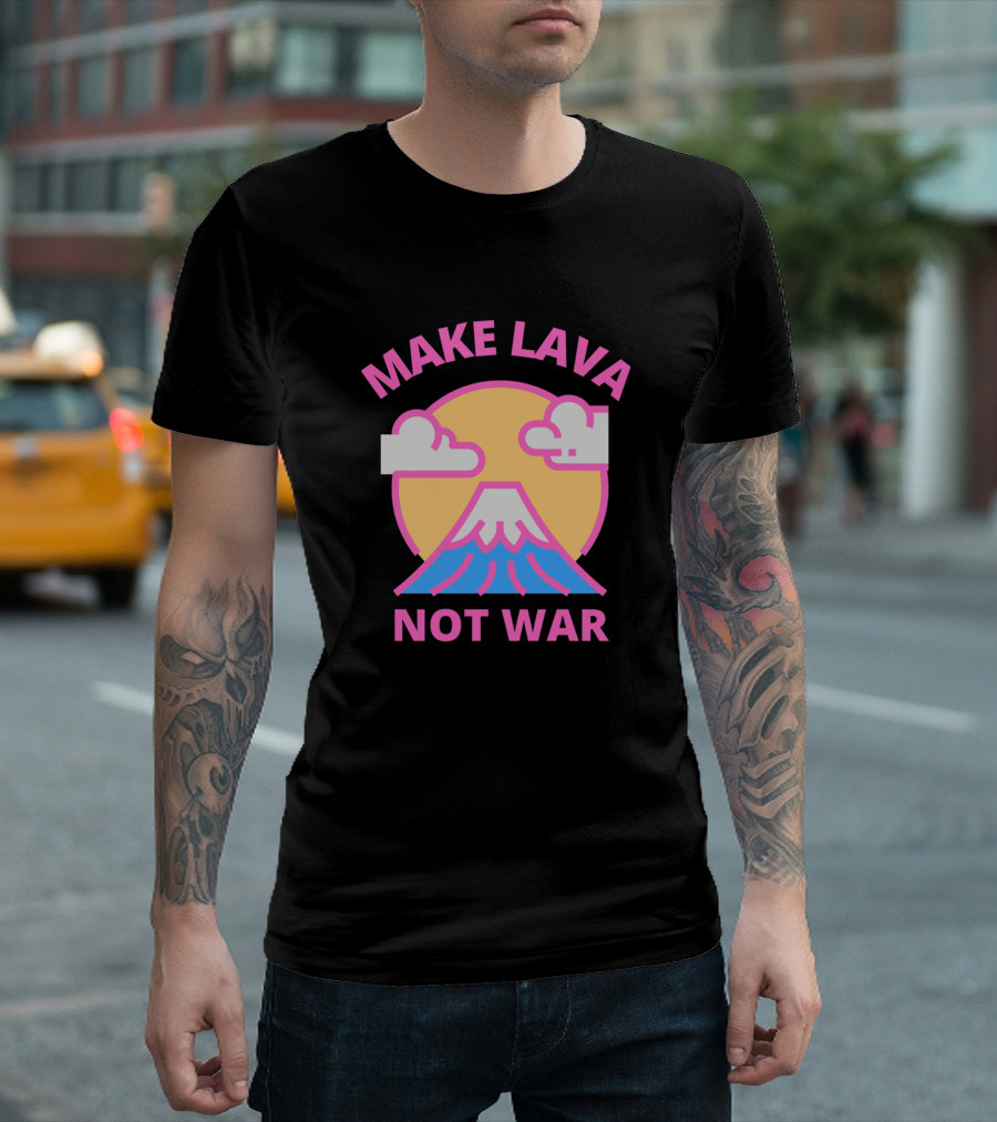 Make Lava Not War Volcano Illustration with Clouds and Sun Background T-Shirt