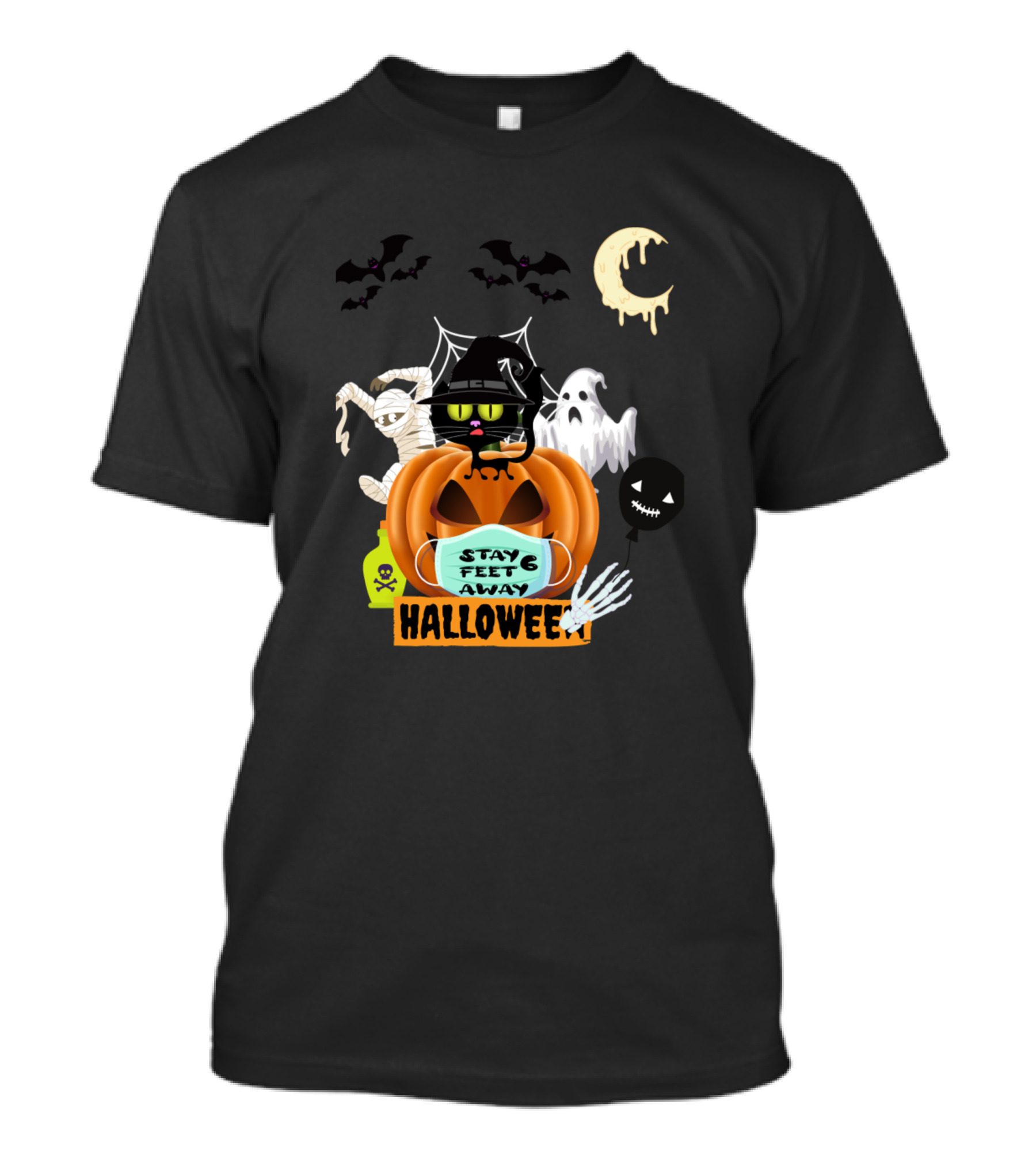 Cute Cat Halloween Pumpkin Face Mask Stay 6 Feet Away With Ghosts And Bats T-Shirt