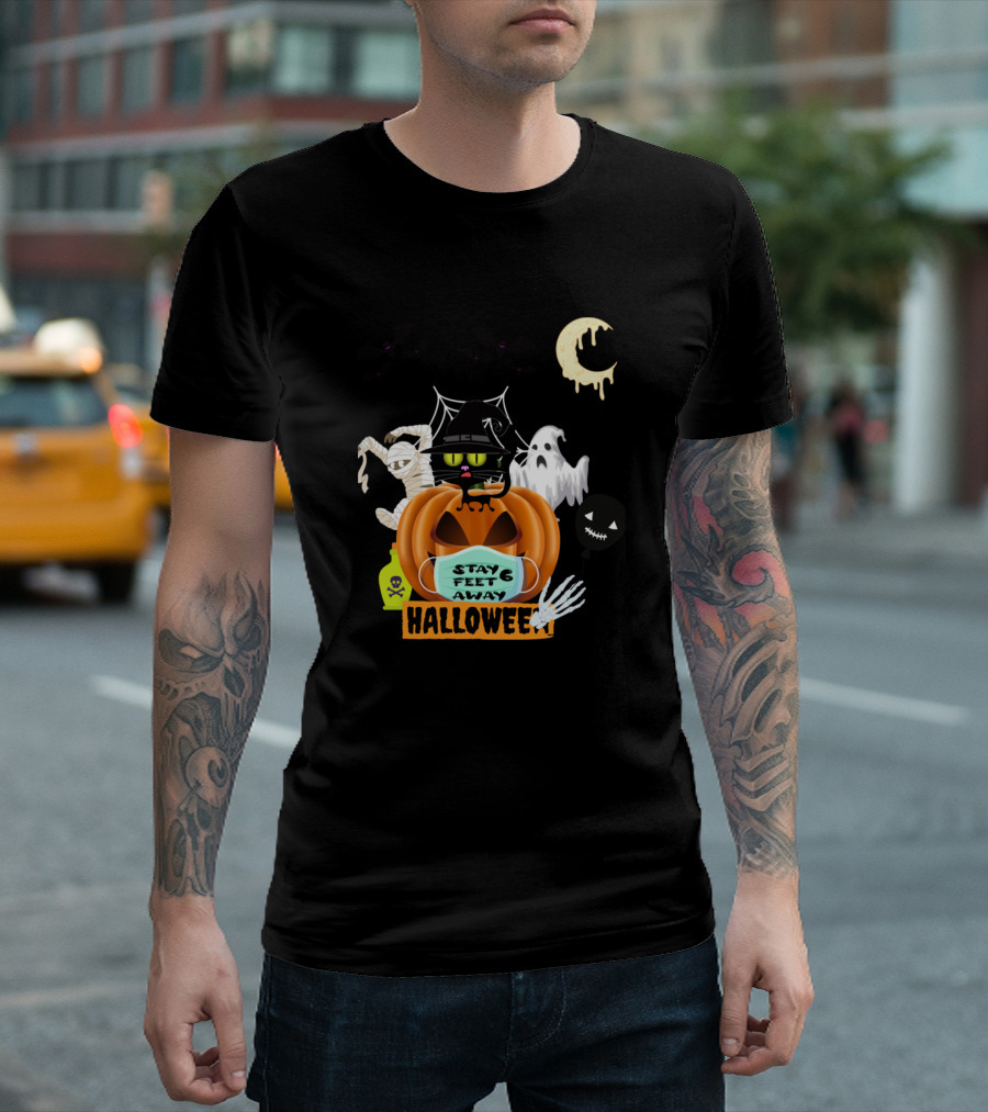Cute Cat Halloween Pumpkin Face Mask Stay 6 Feet Away With Ghosts And Bats T-Shirt