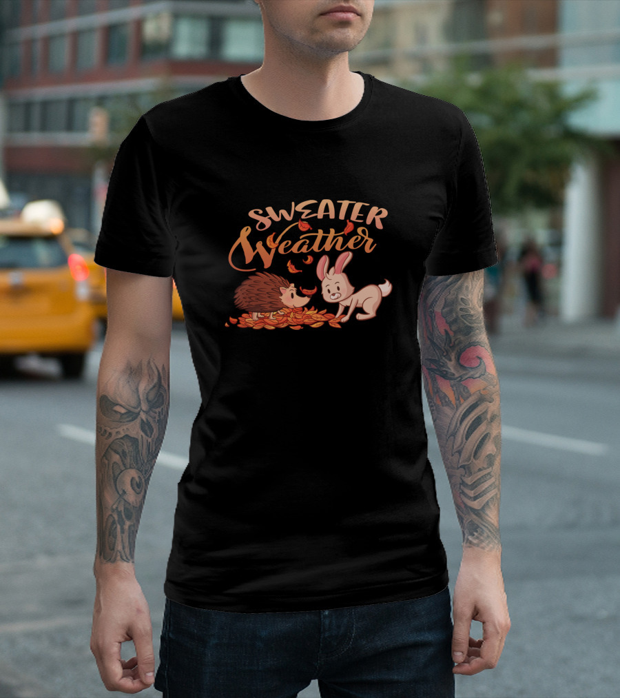 Sweater Weather Hedgehog Autumn Leaves Bunny Doodle T-Shirt