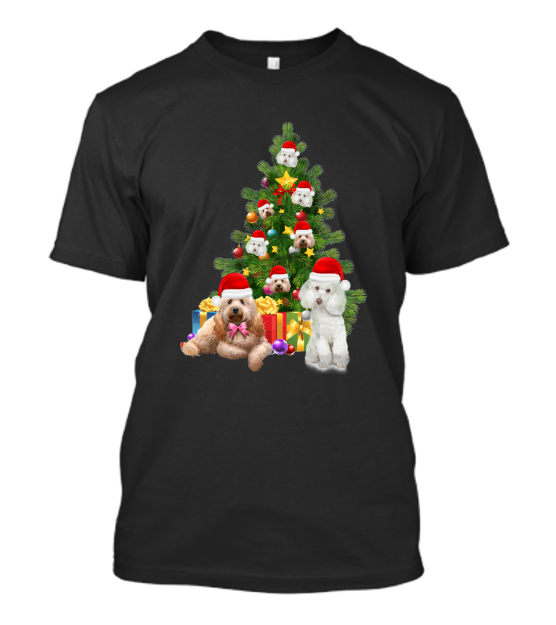 Poodle Dog Christmas Tree Santa Hats And Gifts T-Shirt