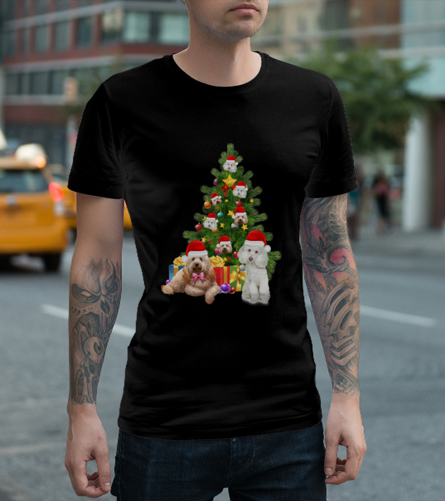 Poodle Dog Christmas Tree Santa Hats And Gifts T-Shirt