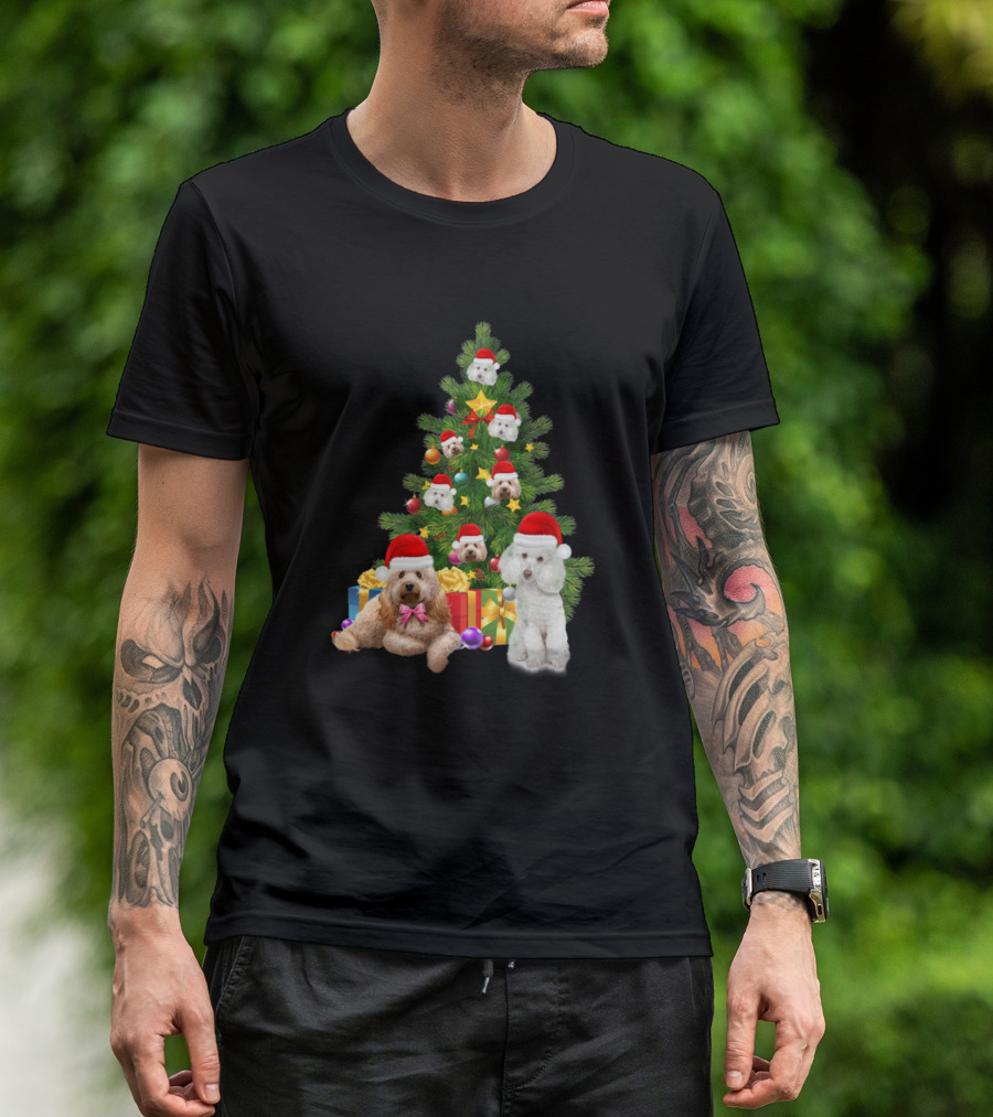 Poodle Dog Christmas Tree Santa Hats And Gifts T-Shirt