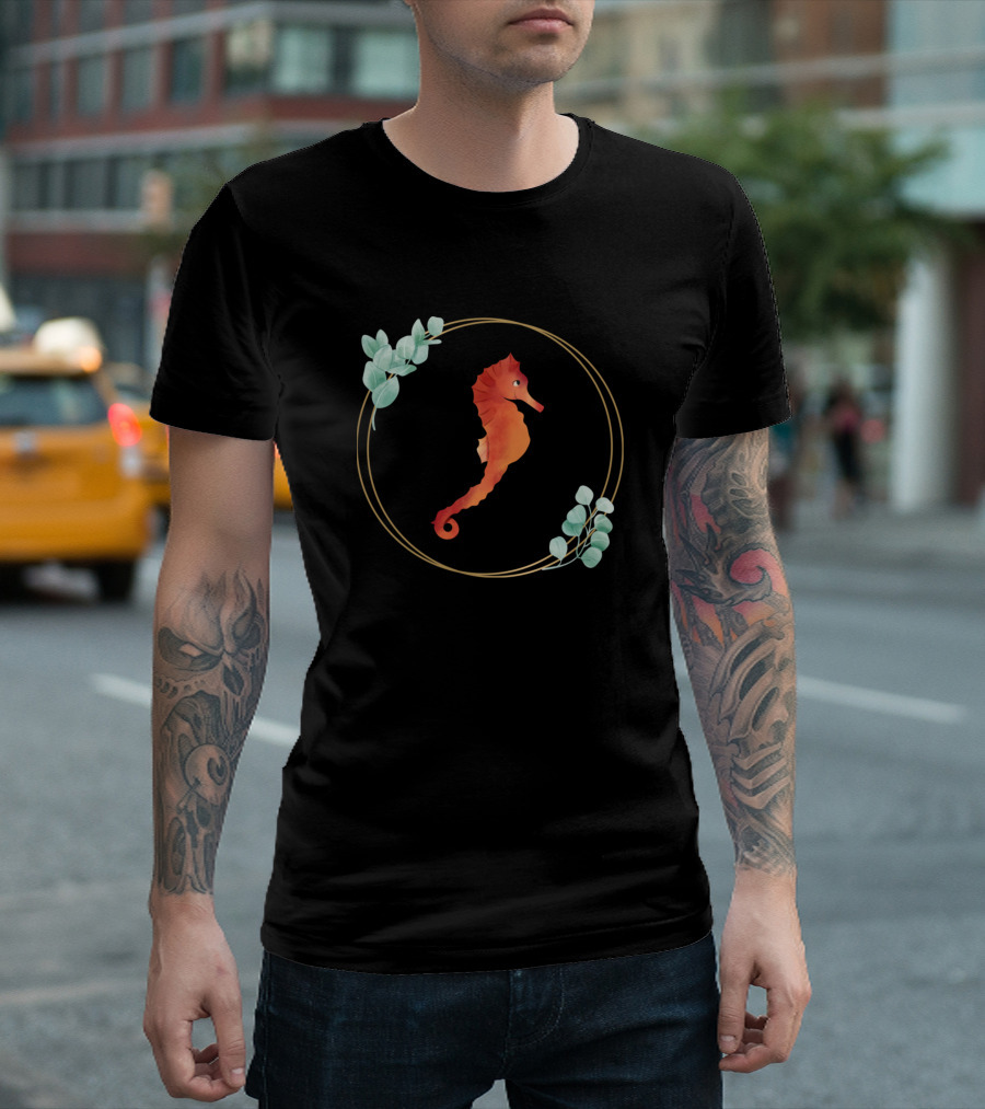 Red Seahorse in Gold Circle with Eucalyptus Leaves T-Shirt