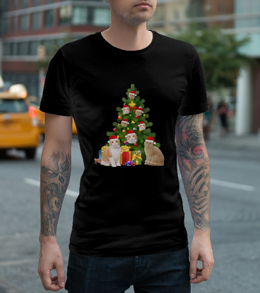 Scottish Fold Cat Christmas Tree Santa Hats Ornaments Presents T-Shirt