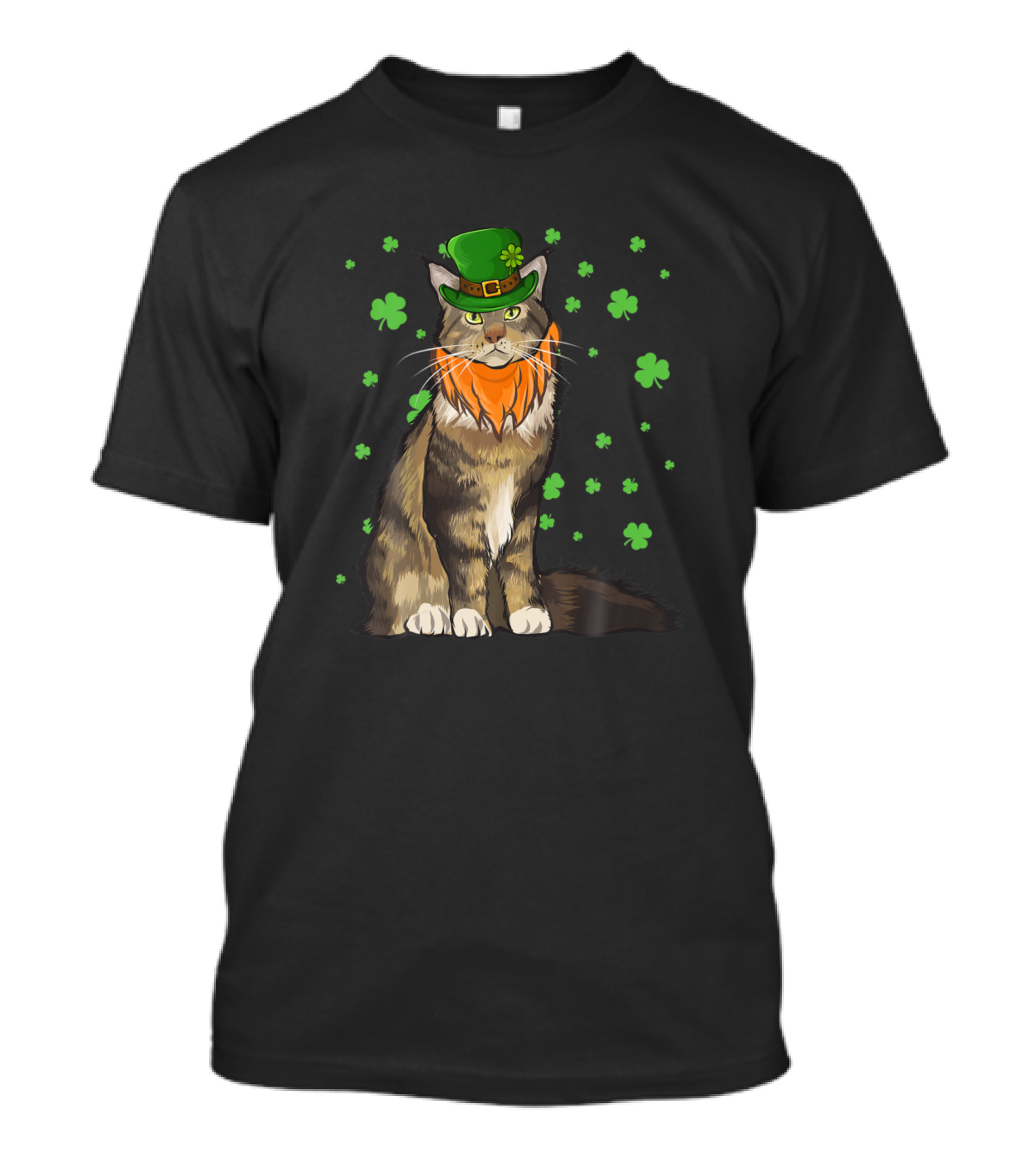 St Patricks Day Maine Coon Cat With Shamrock Hat And Green Clovers T-Shirt
