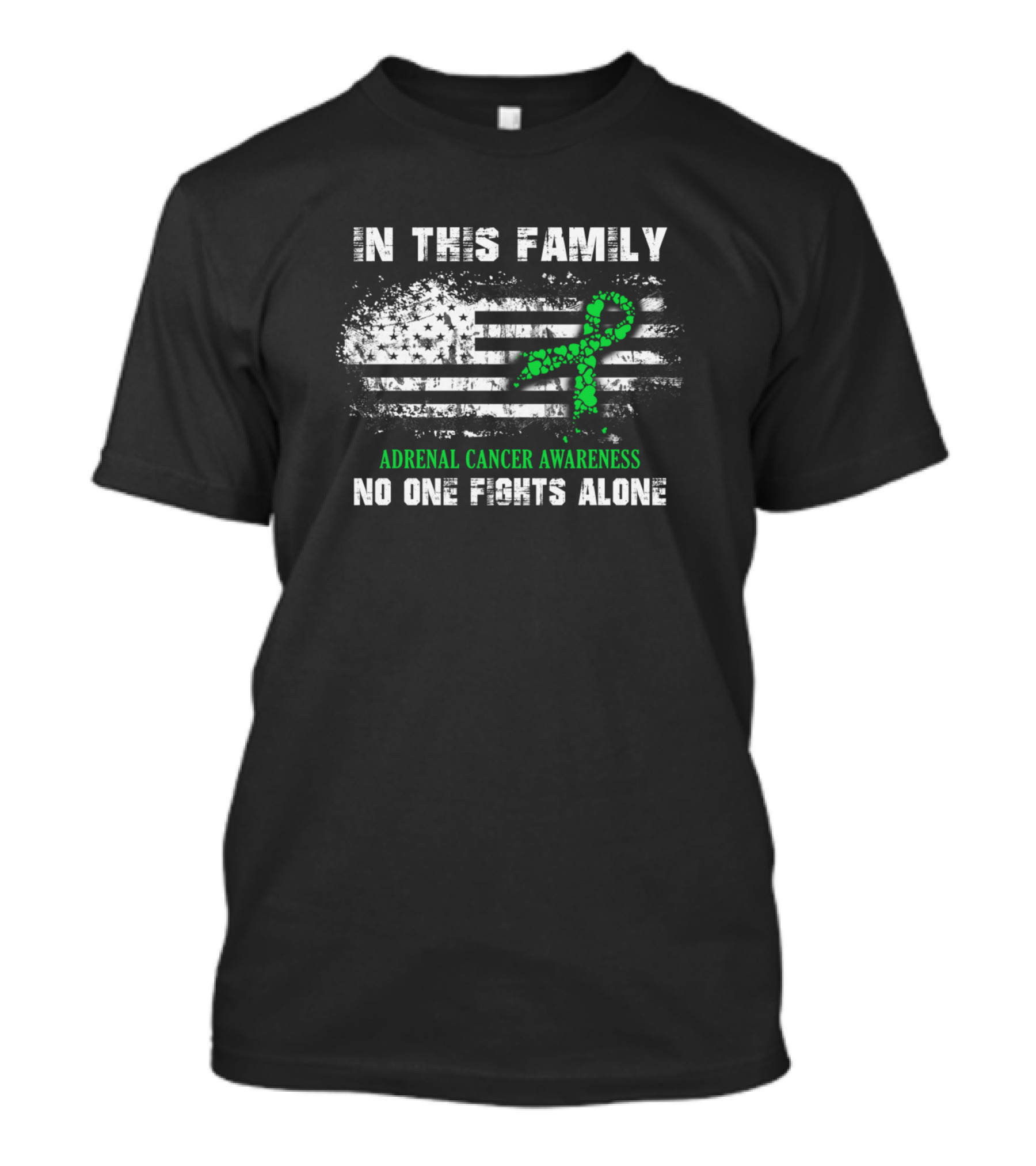 In This Family No One Fights Alone Adrenal Cancer Awareness Ribbon With American Flag Background T-Shirt