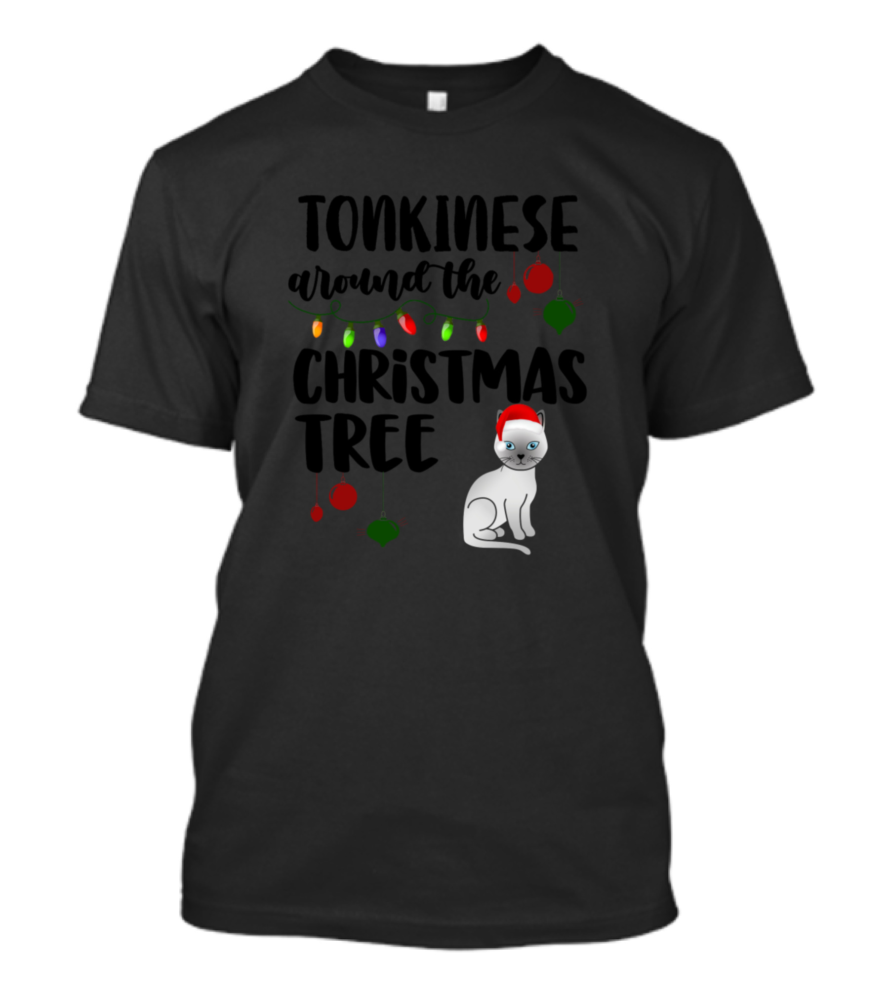 Tonkinese Around The Christmas Tree Lights And Ornaments Cat In Santa Hat T-Shirt