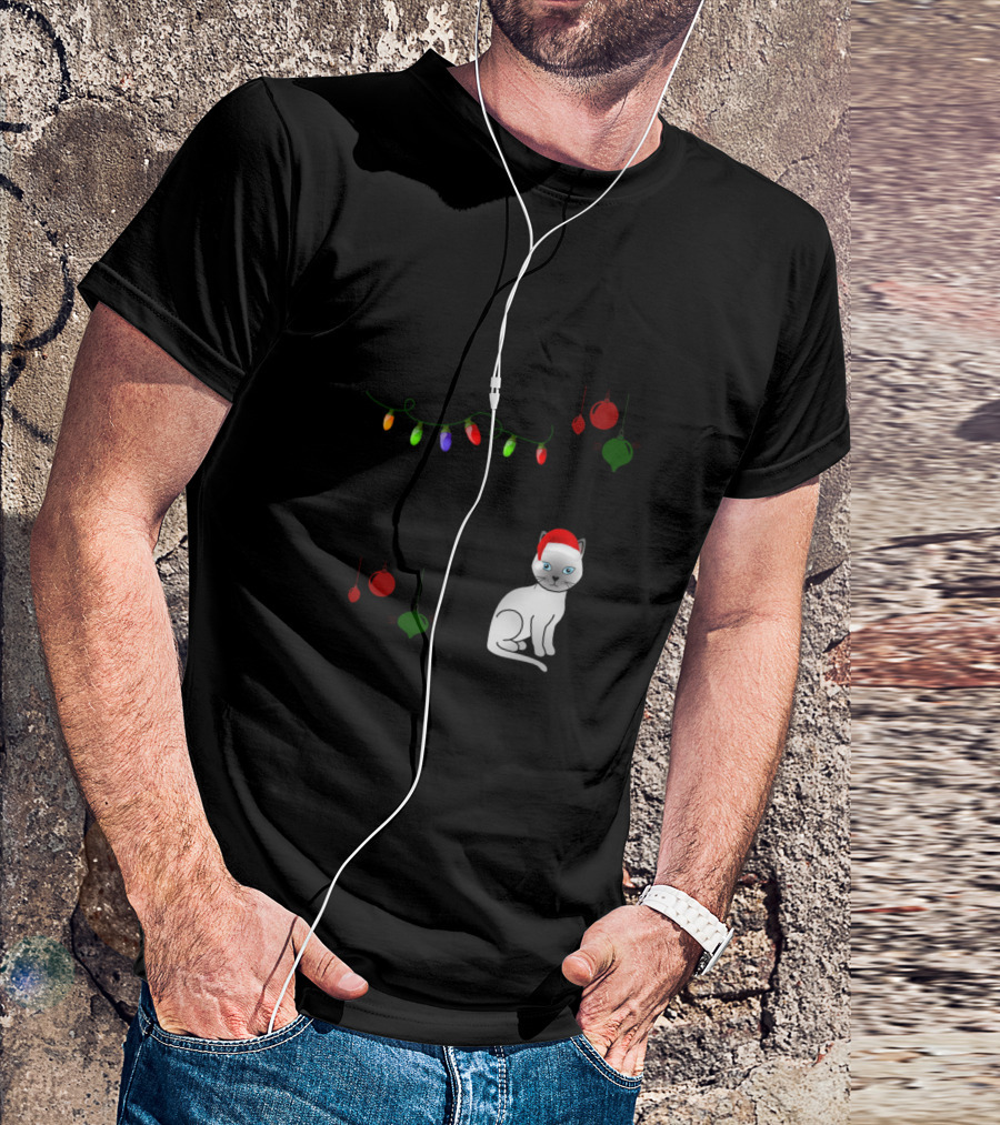 Tonkinese Around The Christmas Tree Lights And Ornaments Cat In Santa Hat T-Shirt