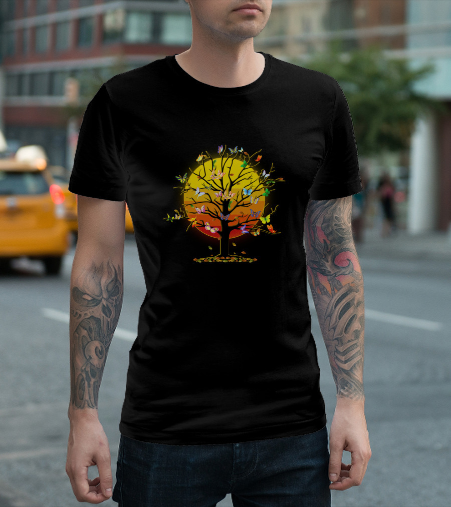 Butterfly Tree Beautiful Saying Butterfly Lover Vibrant Sunset Background T-Shirt
