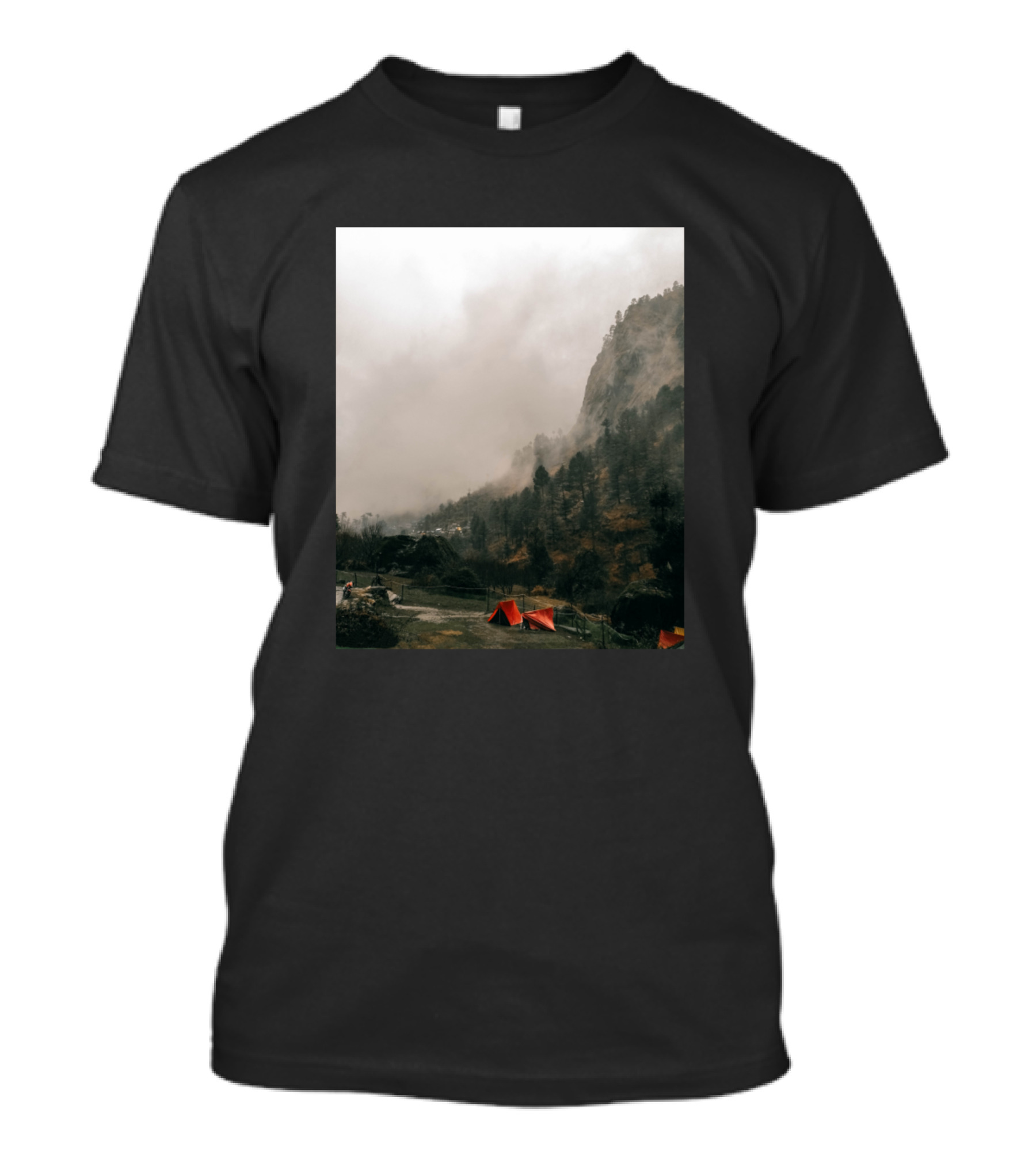 Camping In The Wilderness With Misty Mountain Landscape And Red Tents T-Shirt