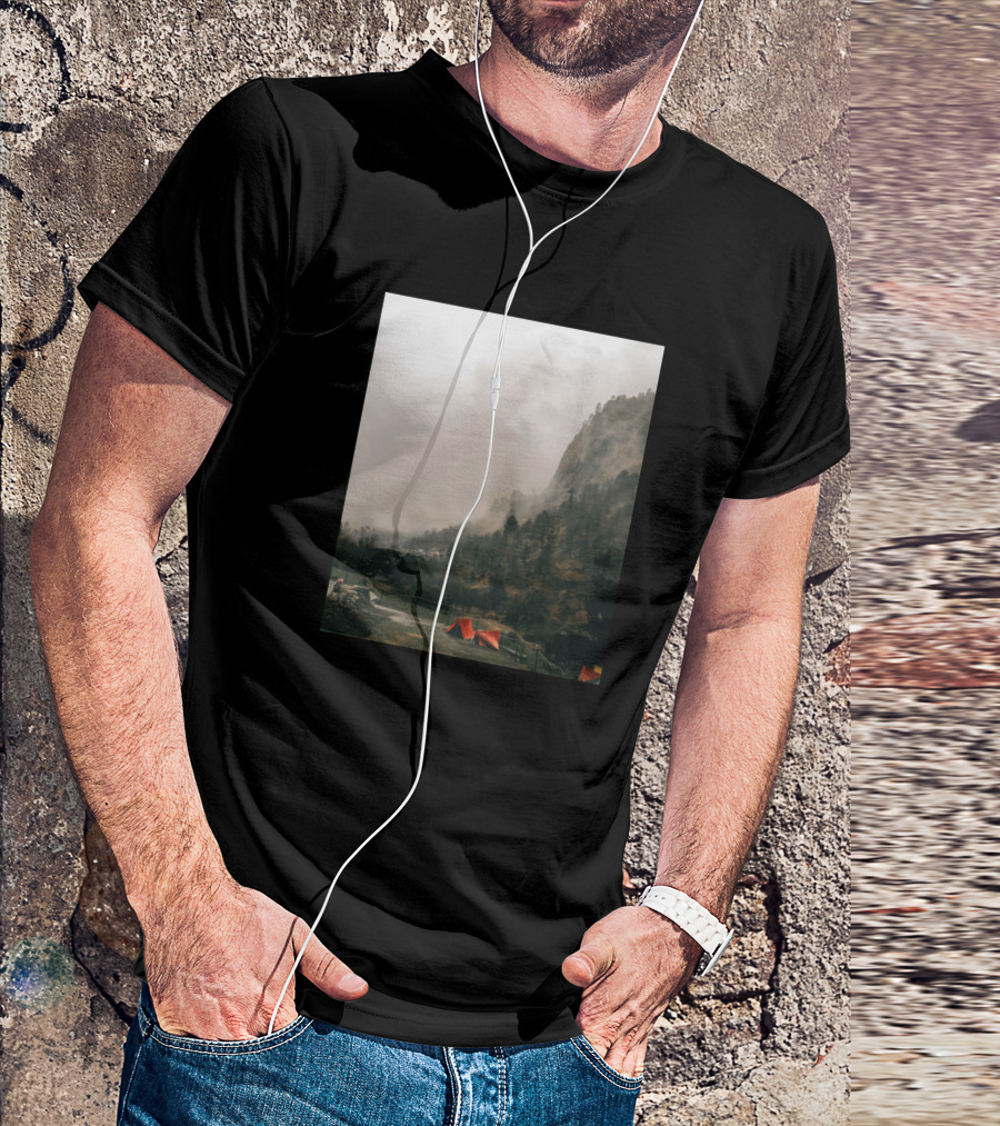 Camping In The Wilderness With Misty Mountain Landscape And Red Tents T-Shirt