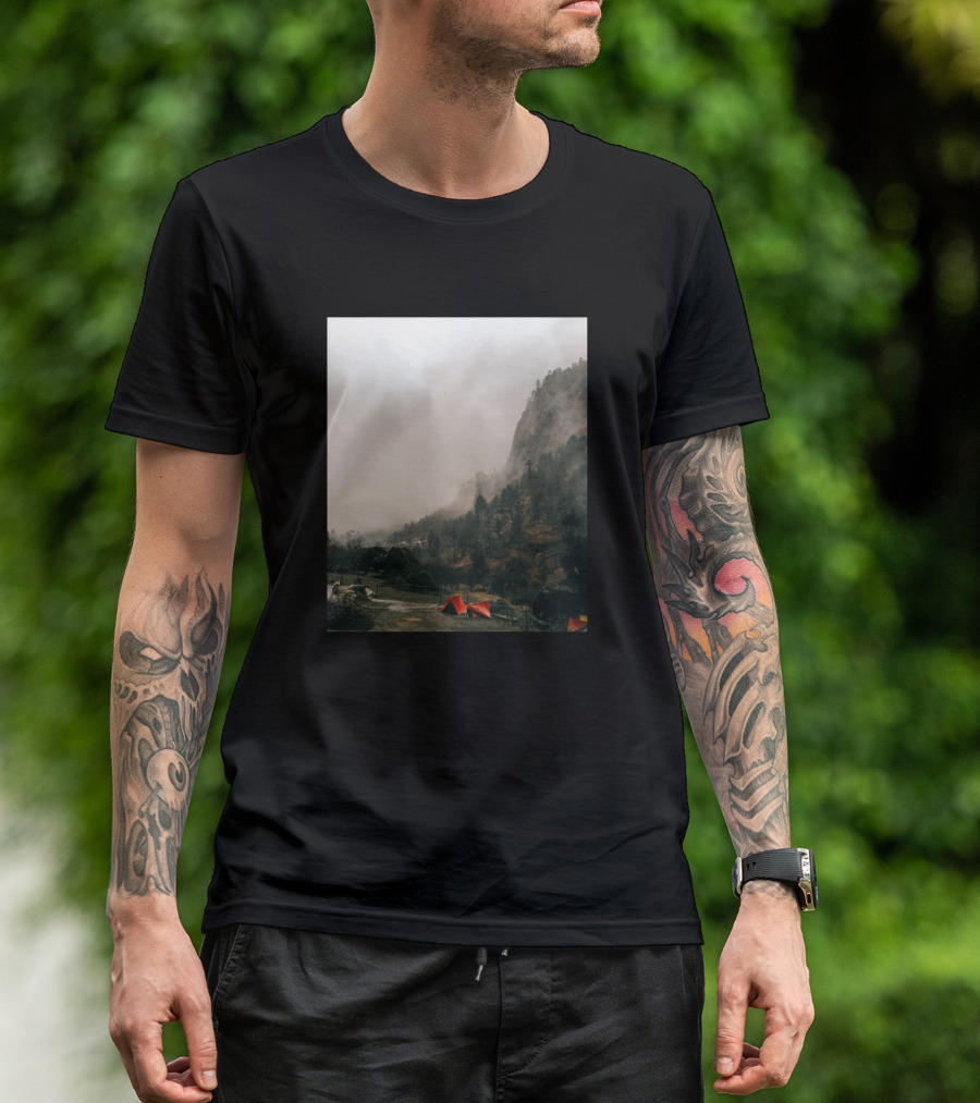 Camping In The Wilderness With Misty Mountain Landscape And Red Tents T-Shirt