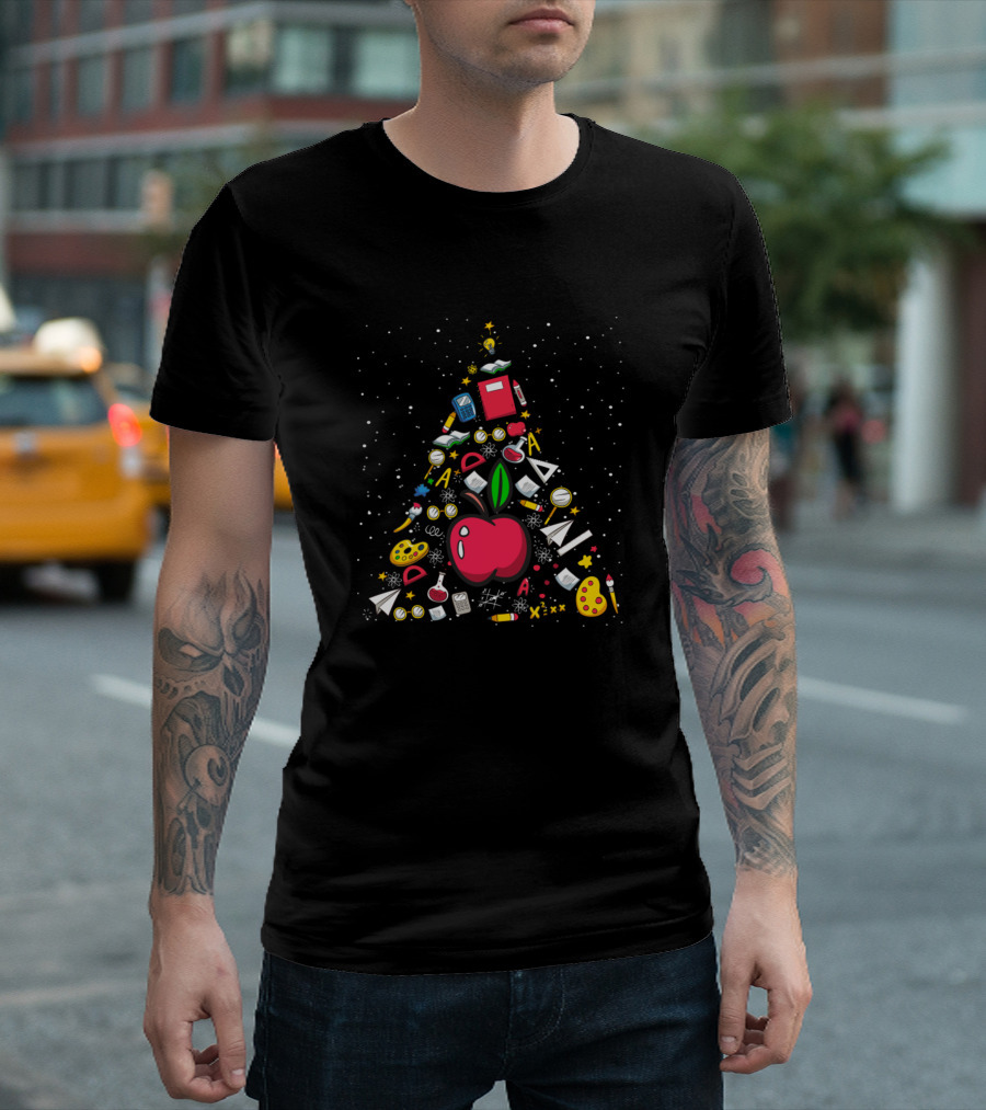 Christmas Tree Made of Teacher Essentials Apple Book Pencil Ruler Math Supplies T-Shirt