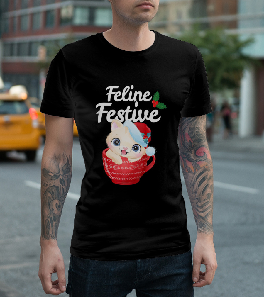 Feline Festive Funny Cat Christmas Pun Santa Kitten in Red Cup T-Shirt