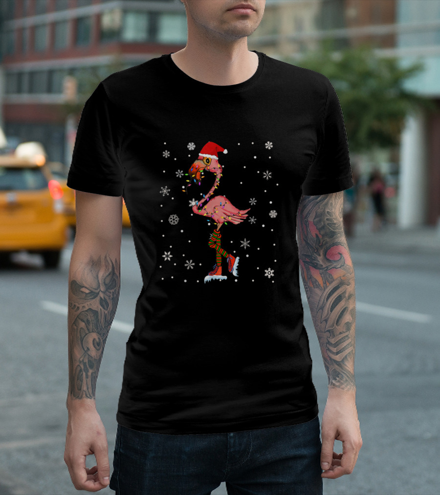 Funny Santa Flamingo Wearing Christmas Socks and Skates with Snowflakes T-Shirt