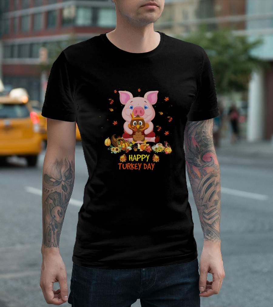 Funny Thanksgiving Happy Turkey Day Pig Pumpkin Leaves T-Shirt