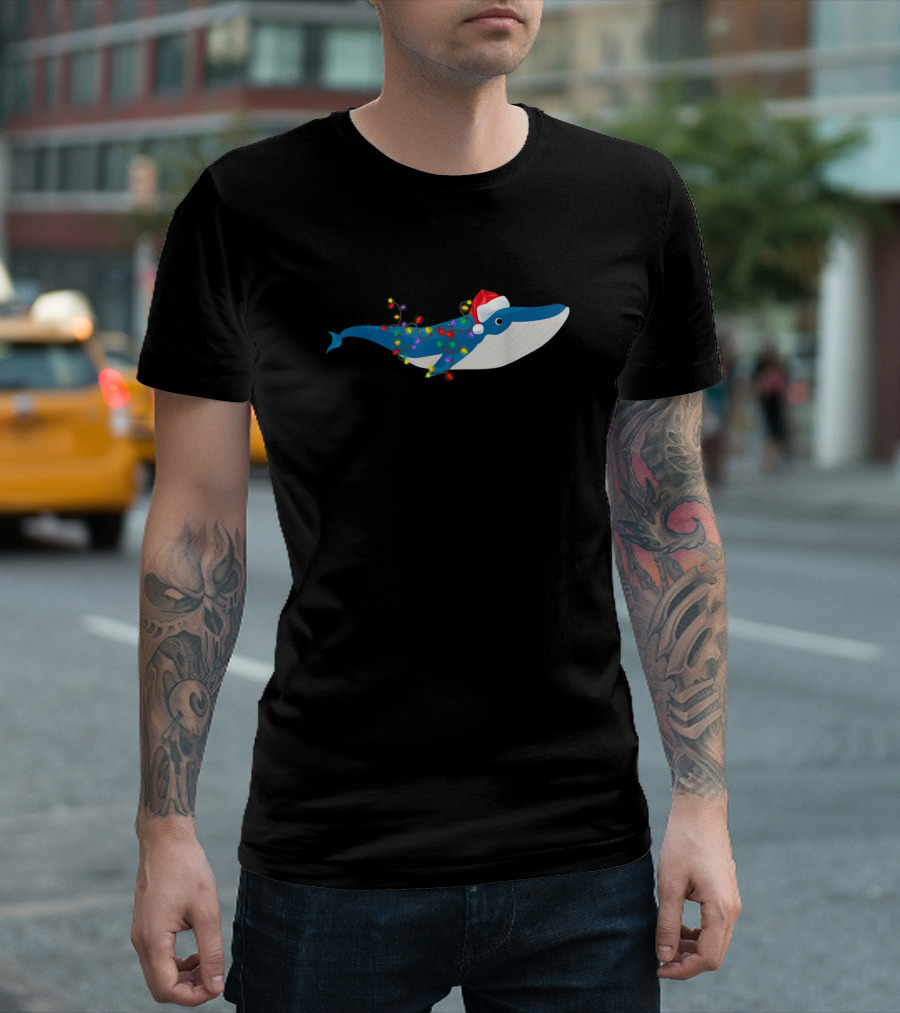 Funny Whale With Christmas Lights And Santa Hat T-Shirt