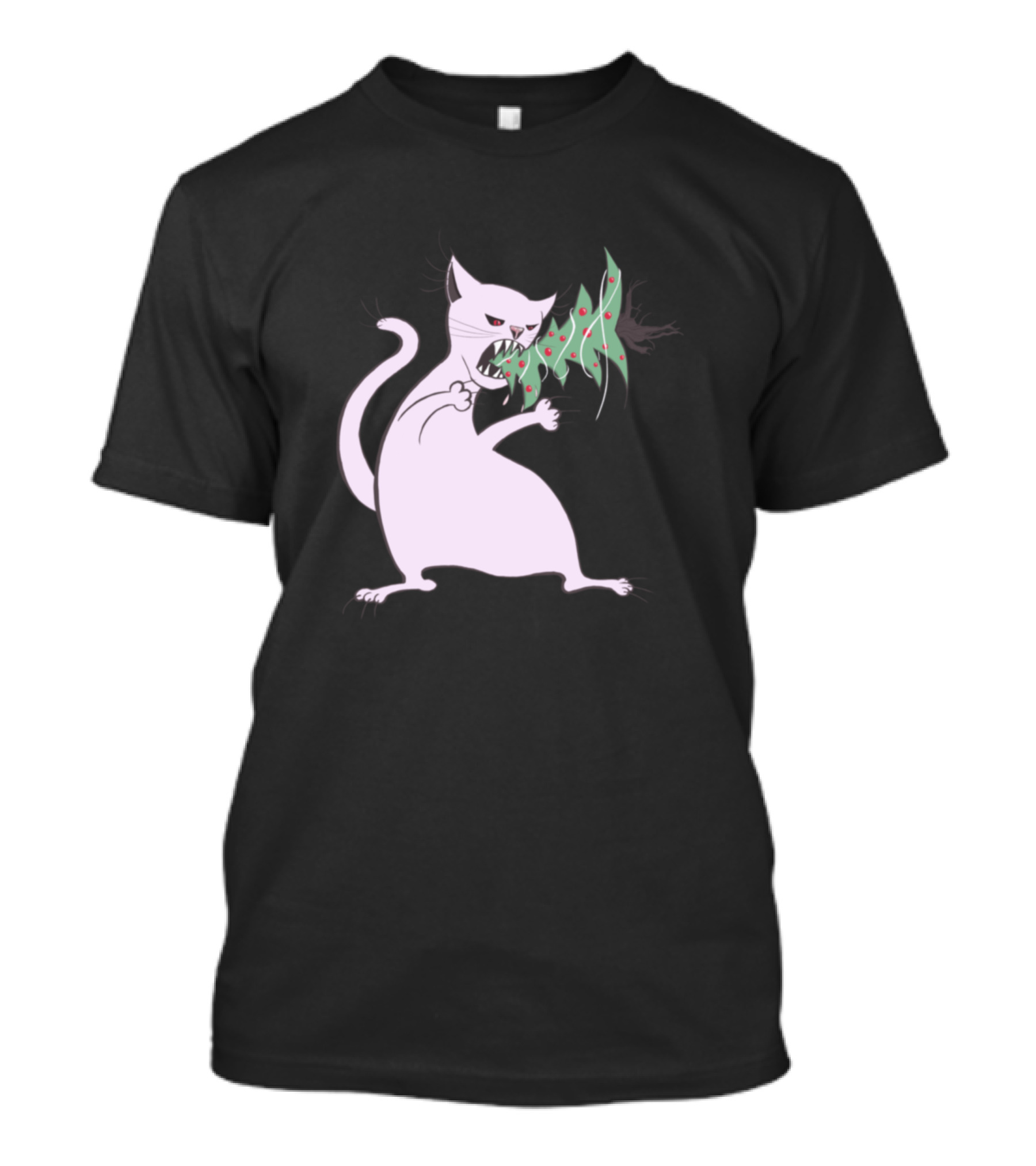 Funny White Cat Chomping On A Christmas Tree T-Shirt