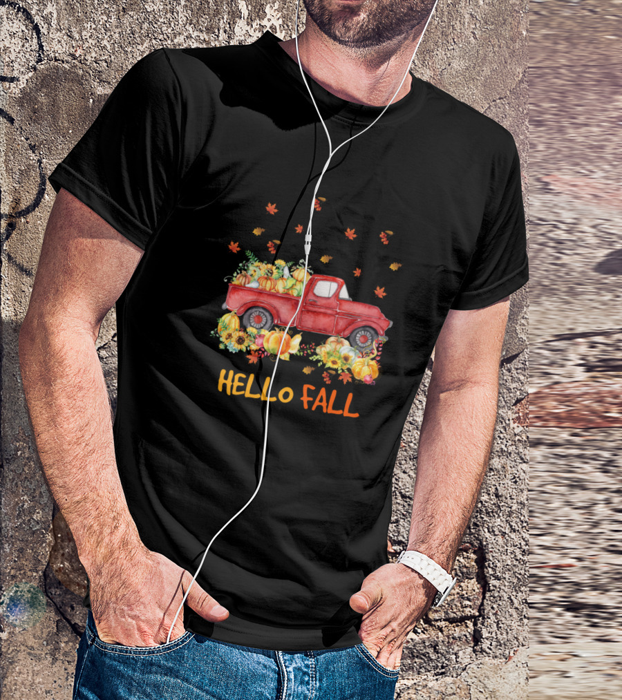 Hello Fall Truck With Pumpkins And Leaves For Thanksgiving Day T-Shirt